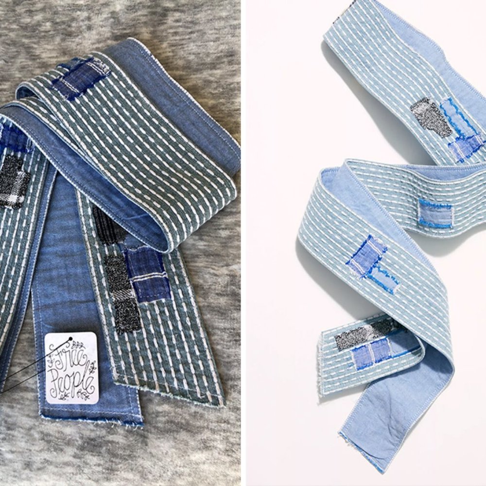 Free People denim Patchwork stitched wrap belt New!
